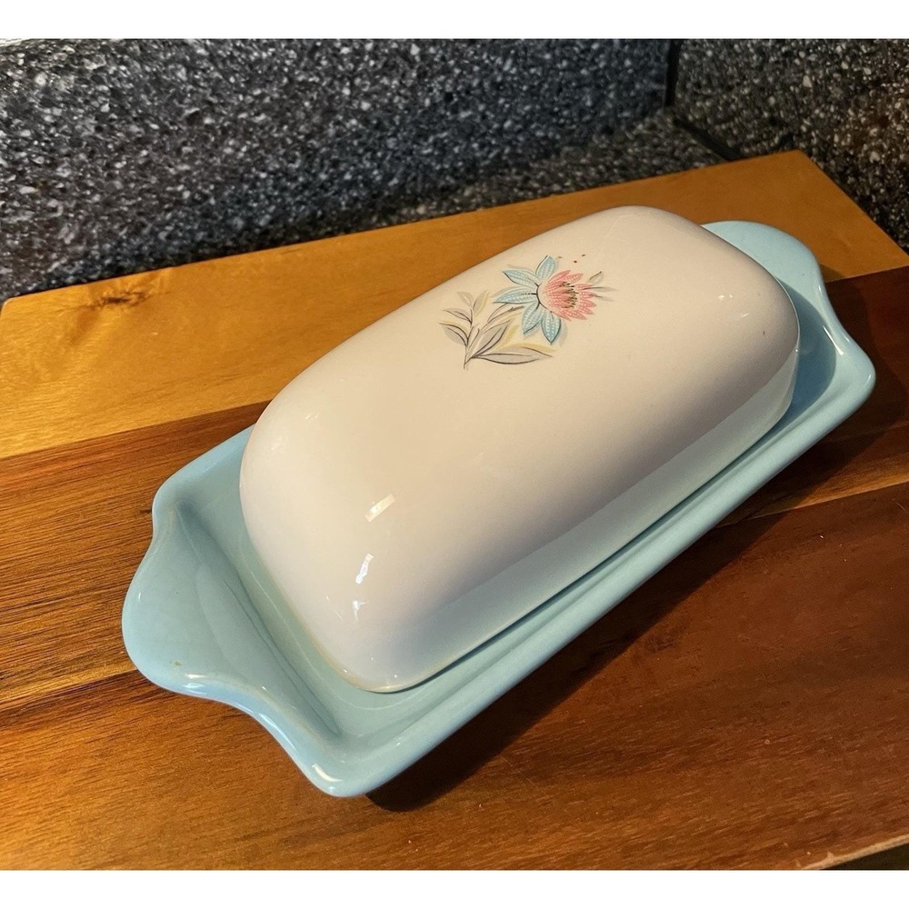 Vintage Steubenville Pottery Fairlane Butter Dish Aqua Pink Floral MCM